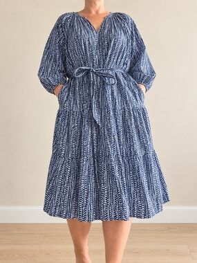 Terra & Sky Navy and White Dot Print V-Neck Tiered Midi Dress